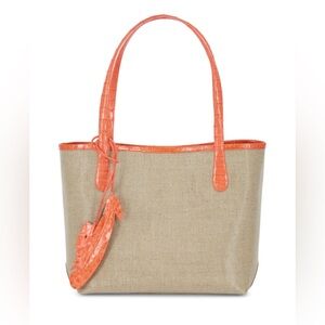 Nancy Gonzalez Beige Canvas Tote with Orange Croc-Effect Trim